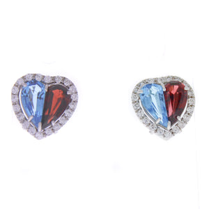 Blue Topaz, Garnet and Diamond Heart Stud Earrings