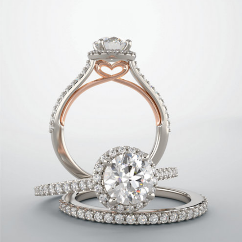 Two Tone White and Rose Gold Diamond Halo Engagement Ring