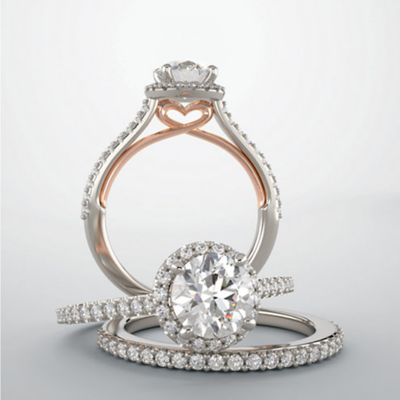 Two-Tone White and Rose Gold Diamond Halo Engagement Ring