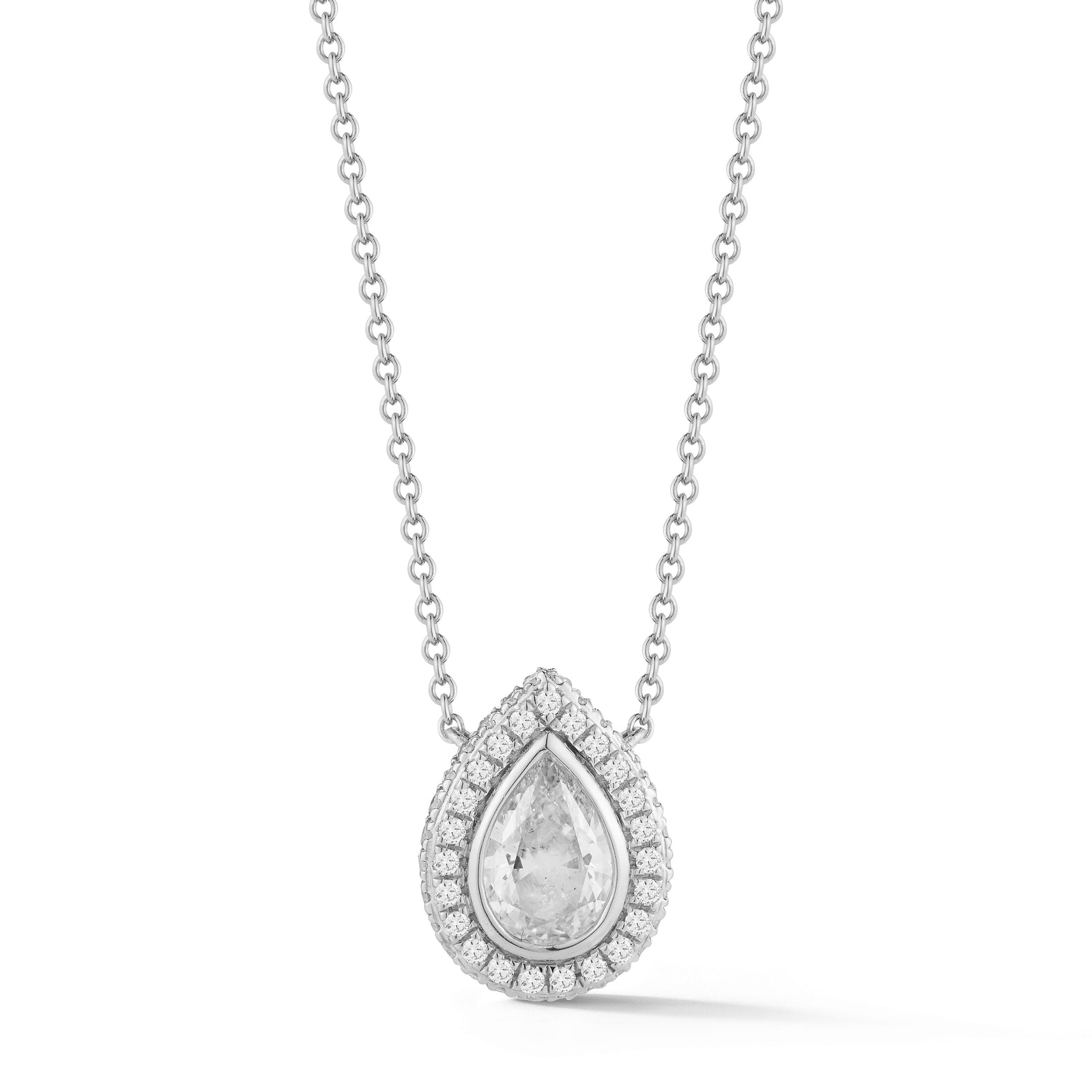 Diamond Halo Necklace, Bezel Set Pear Shaped - Talisman Collection Fine Jewelers