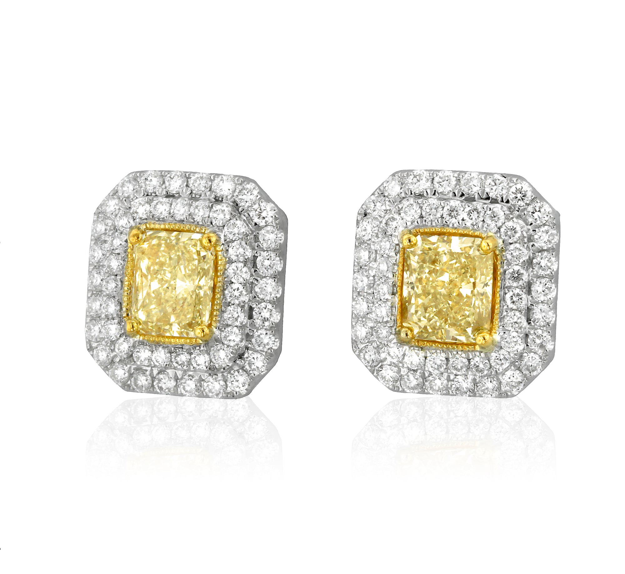 Yellow and White Diamond Double Halo Stud Earrings by Yael