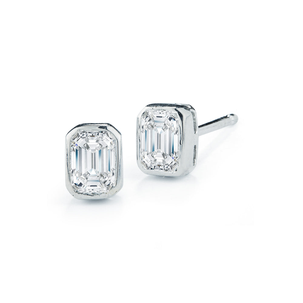 Diamond Stud Earrings, White Gold Bezel Set Emerald Cut - Talisman Collection Fine Jewelers