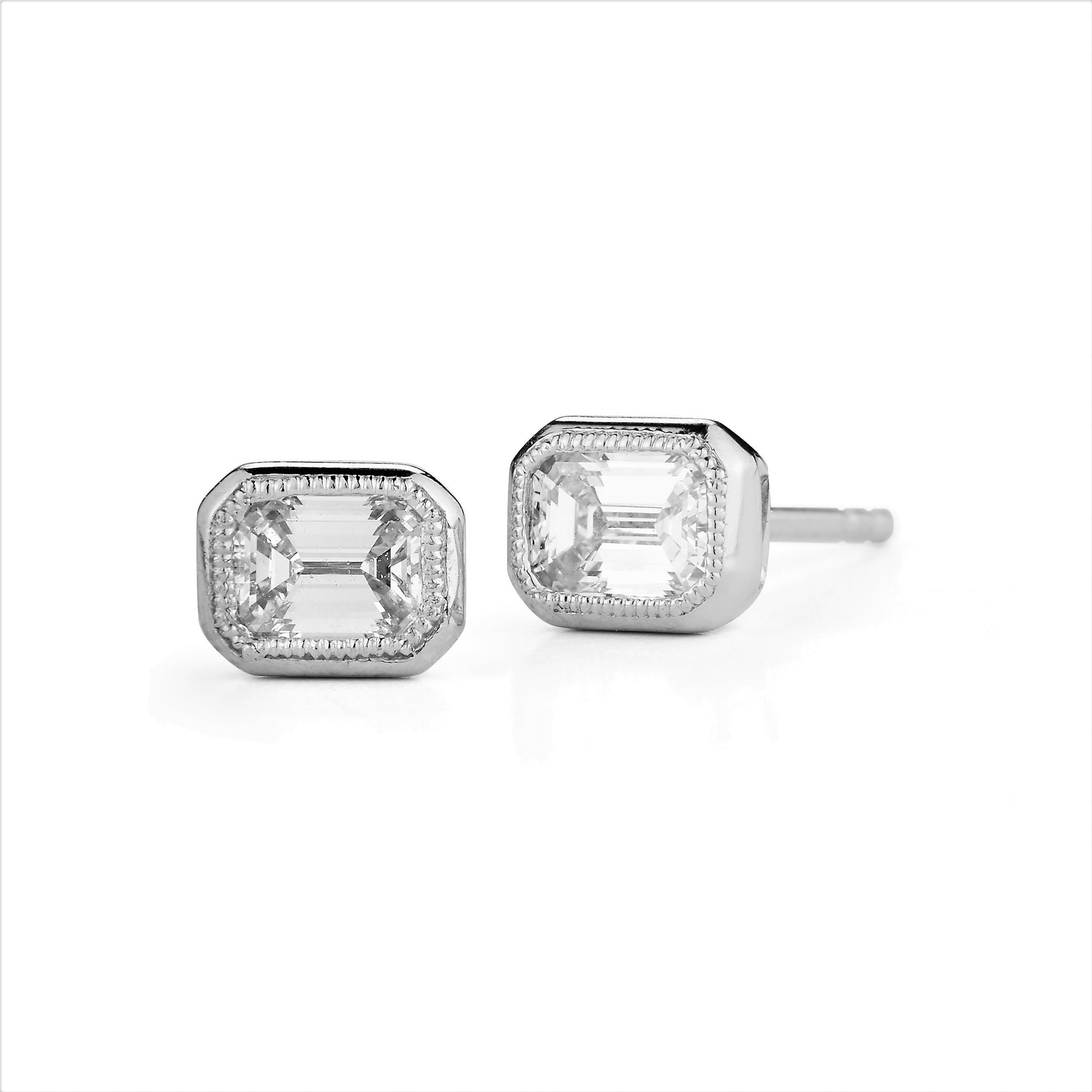 Diamond Stud Earrings, White Gold Bezel Set Emerald Cut - Talisman Collection Fine Jewelers