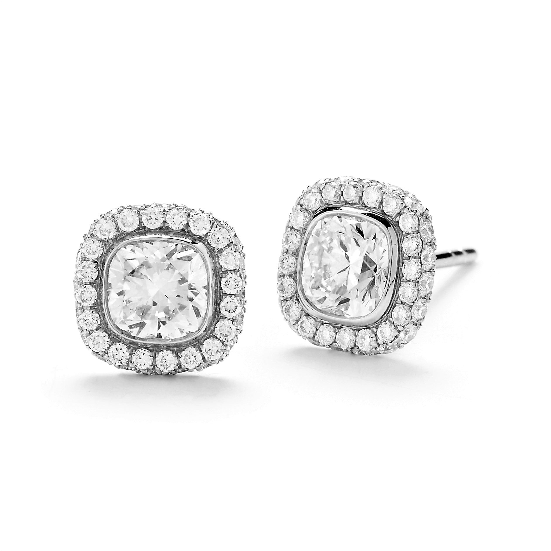 Diamond Halo Stud Earrings, White Gold Cushion Cut - Talisman Collection Fine Jewelers