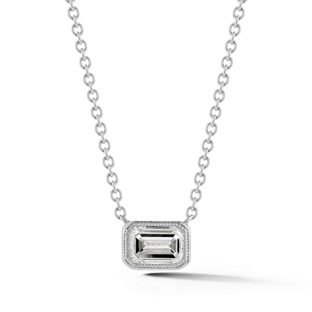 Diamond Necklace, White Gold Bezel Set Emerald Cut - Talisman Collection Fine Jewelers