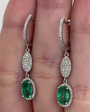 Emerald and Diamond, 14k White Gold Drop Earrings