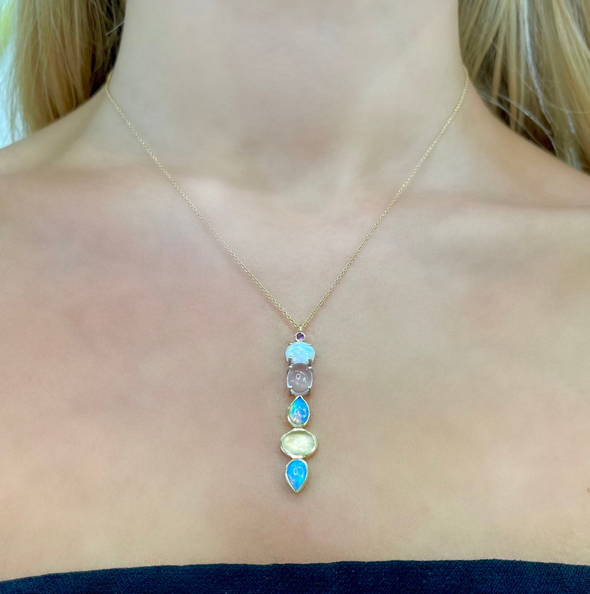 Opal, Rose Quartz and Spinel "Collage" Necklace by Unhada
