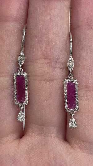 Ruby and Diamond, 14k White Gold Drop Earrings