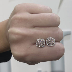 Pink Diamond Square Stud Earrings with White Diamonds