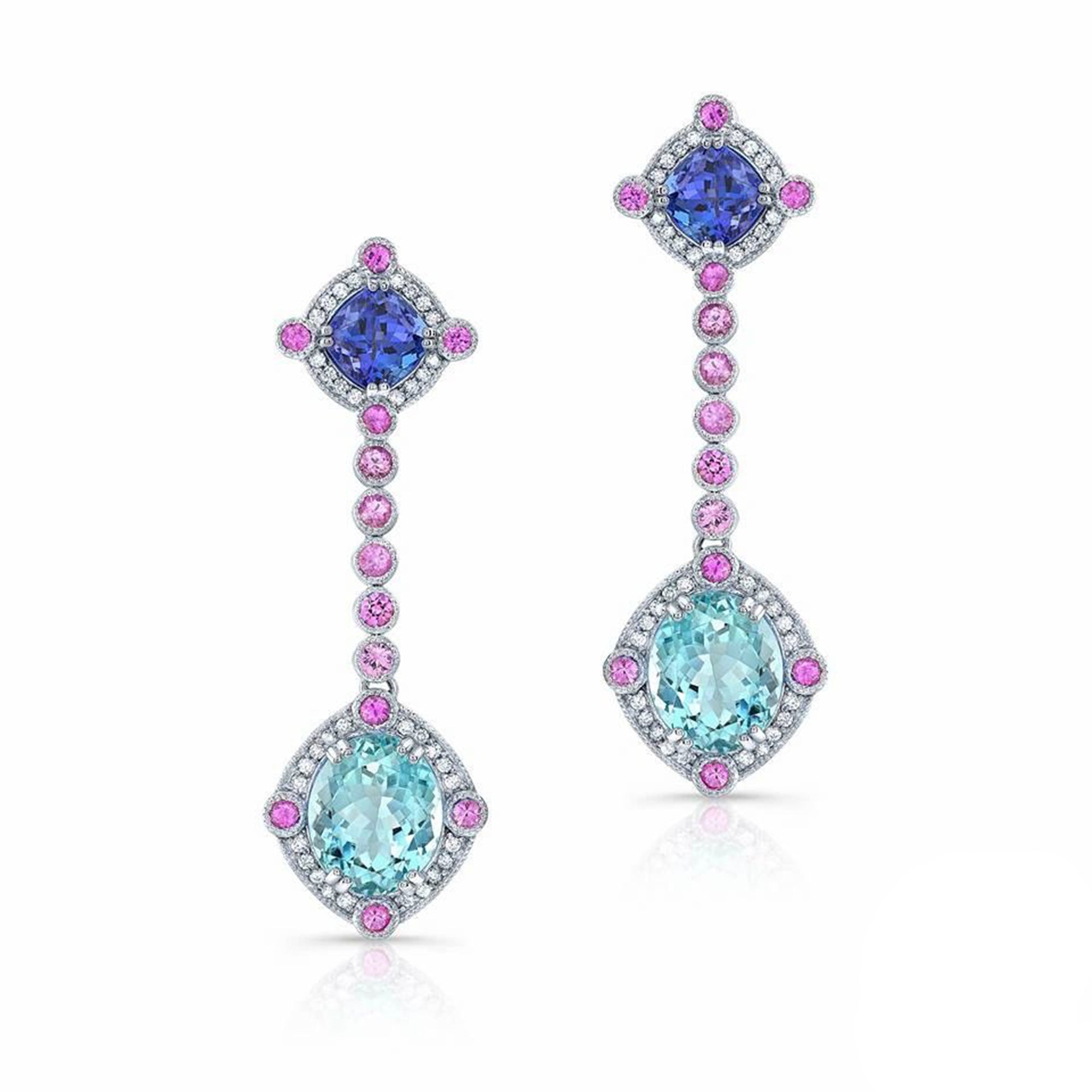 Aquamarine, Tanzanite and Pink Sapphire, 18k White Gold Earrings - Talisman Collection Fine Jewelers