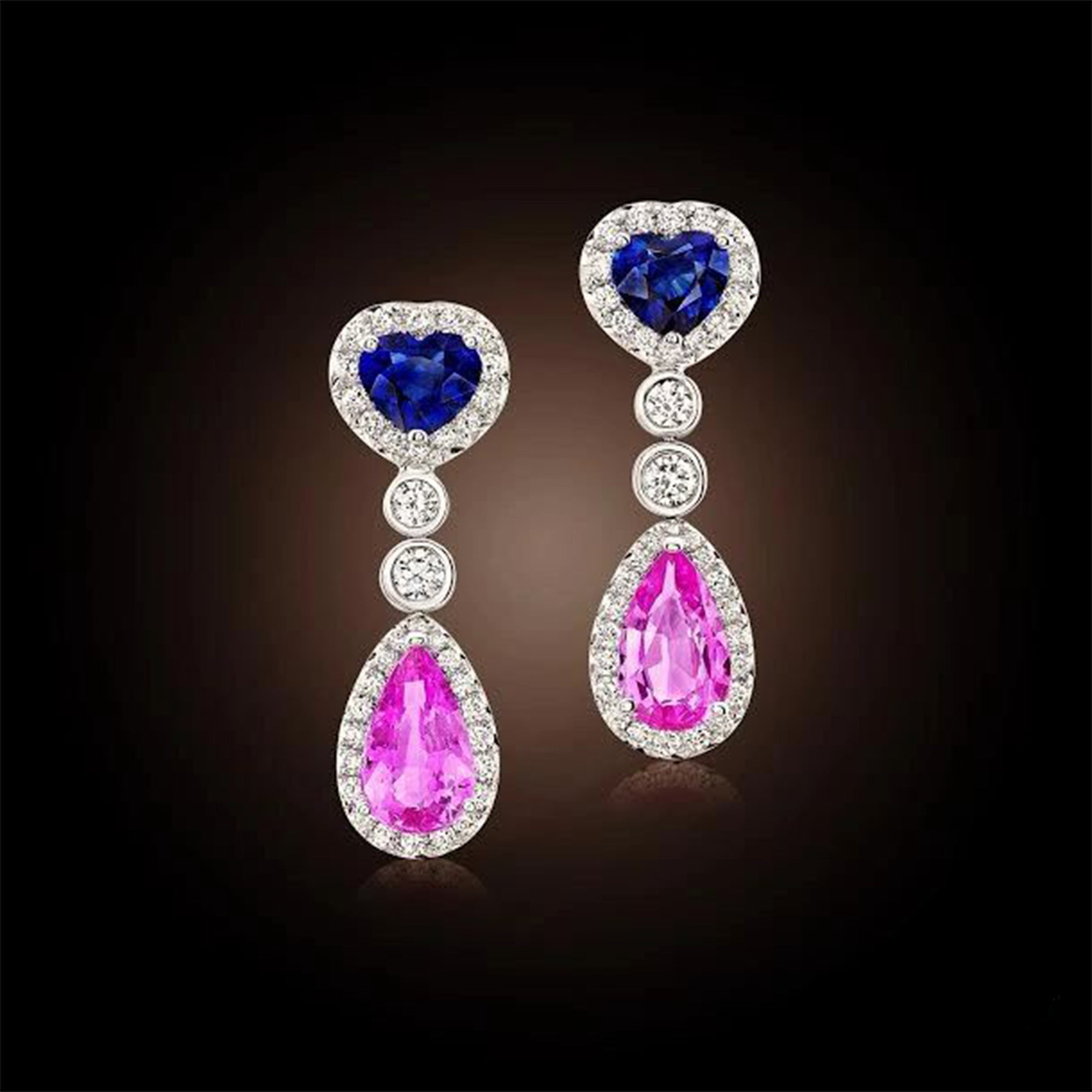 Pink Sapphire, Blue Sapphire and Diamond, 18k White Gold Earrings - Talisman Collection Fine Jewelers