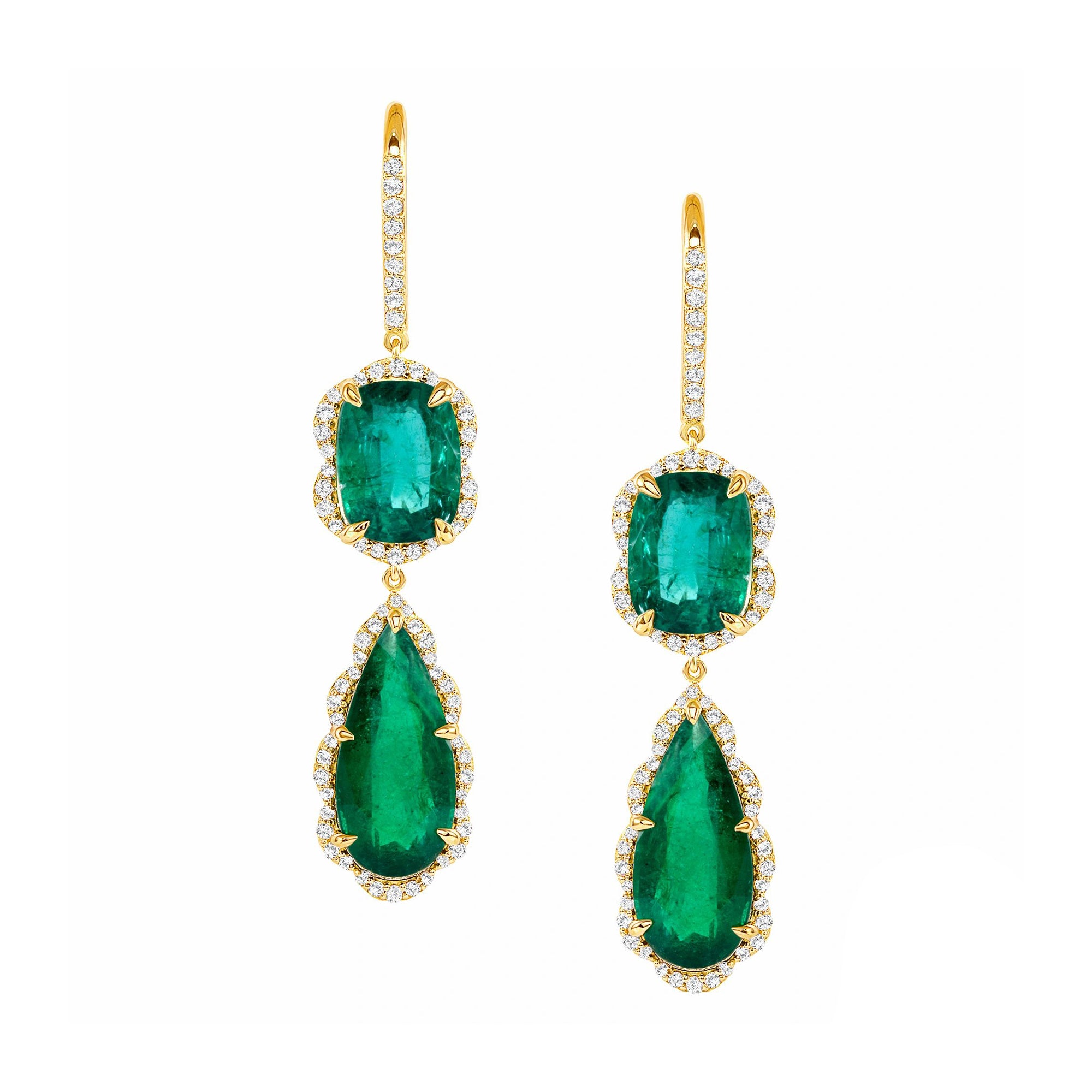 Emerald and Diamond, 18k Yellow Gold Earrings - Talisman Collection Fine Jewelers