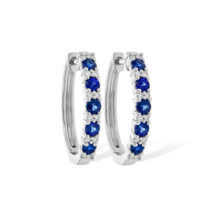 Blue Sapphire and Diamond Hoop Earrings in White Gold - Talisman Collection Fine Jewelers