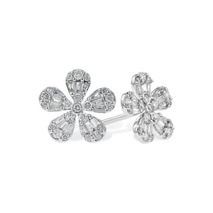 Diamond Baguette Flower Stud Earrings in White Gold - Talisman Collection Fine Jewelers
