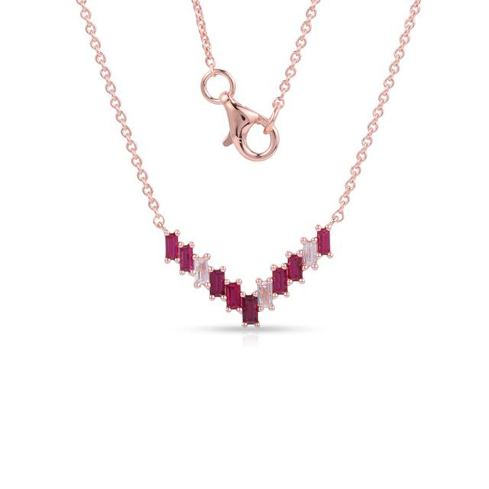 Ruby and Diamond Baguette V Necklace in 14k Rose Gold