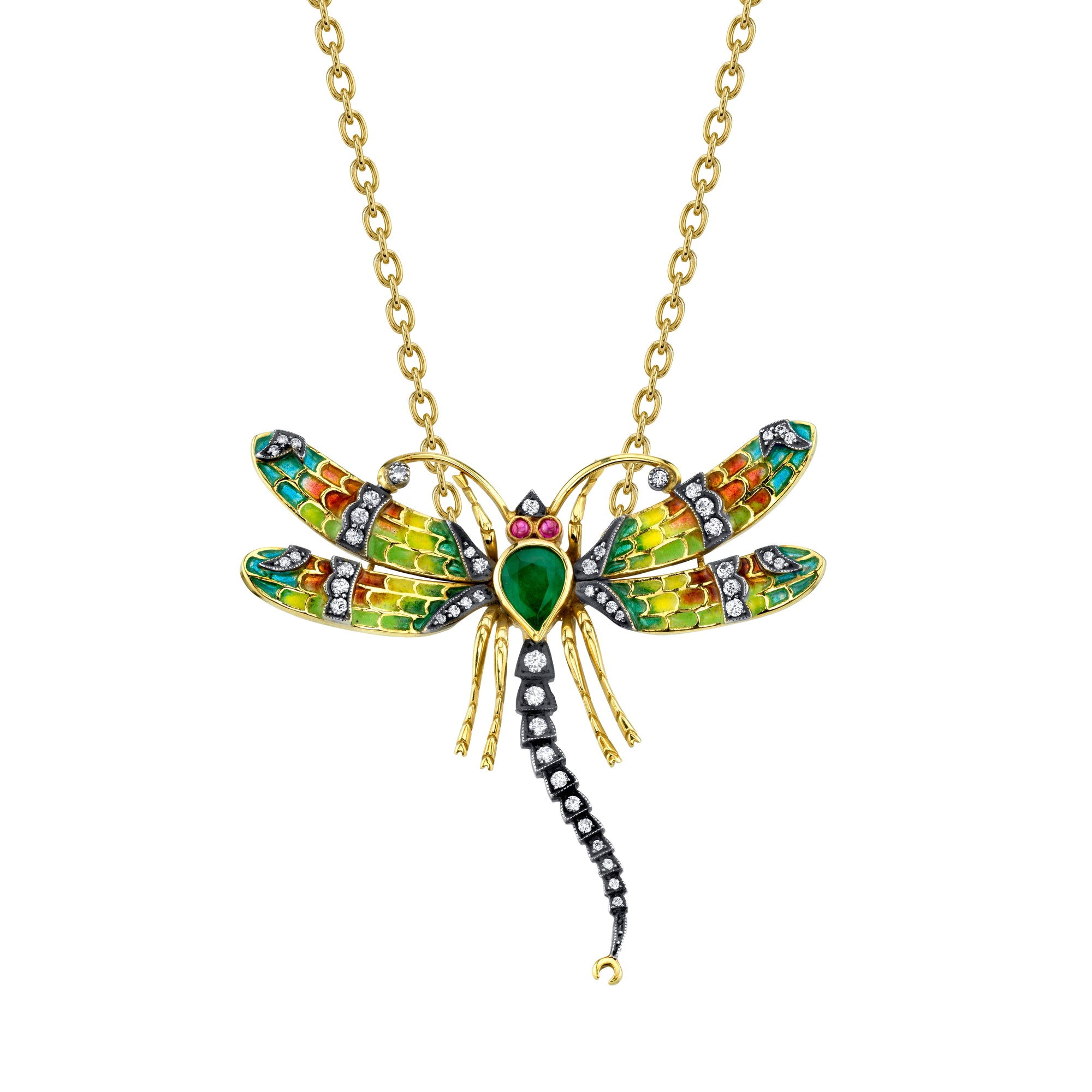 18k Yellow Gold Emerald Dragonfly Pendant by Lord Jewelry - Talisman Collection Fine Jewelers