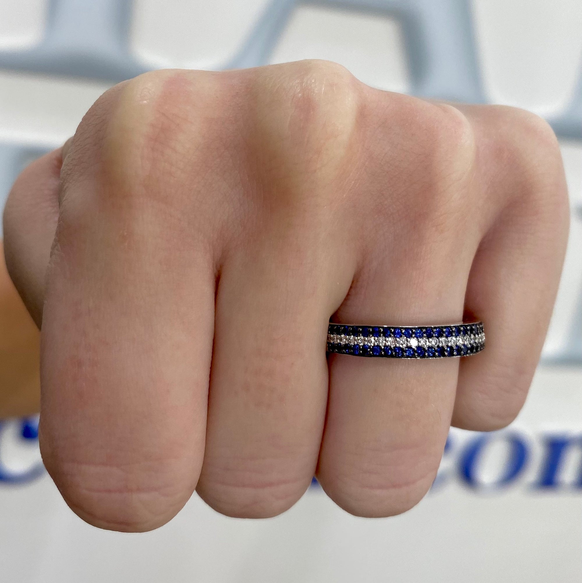 Blue Sapphire and Diamond Three Row Band