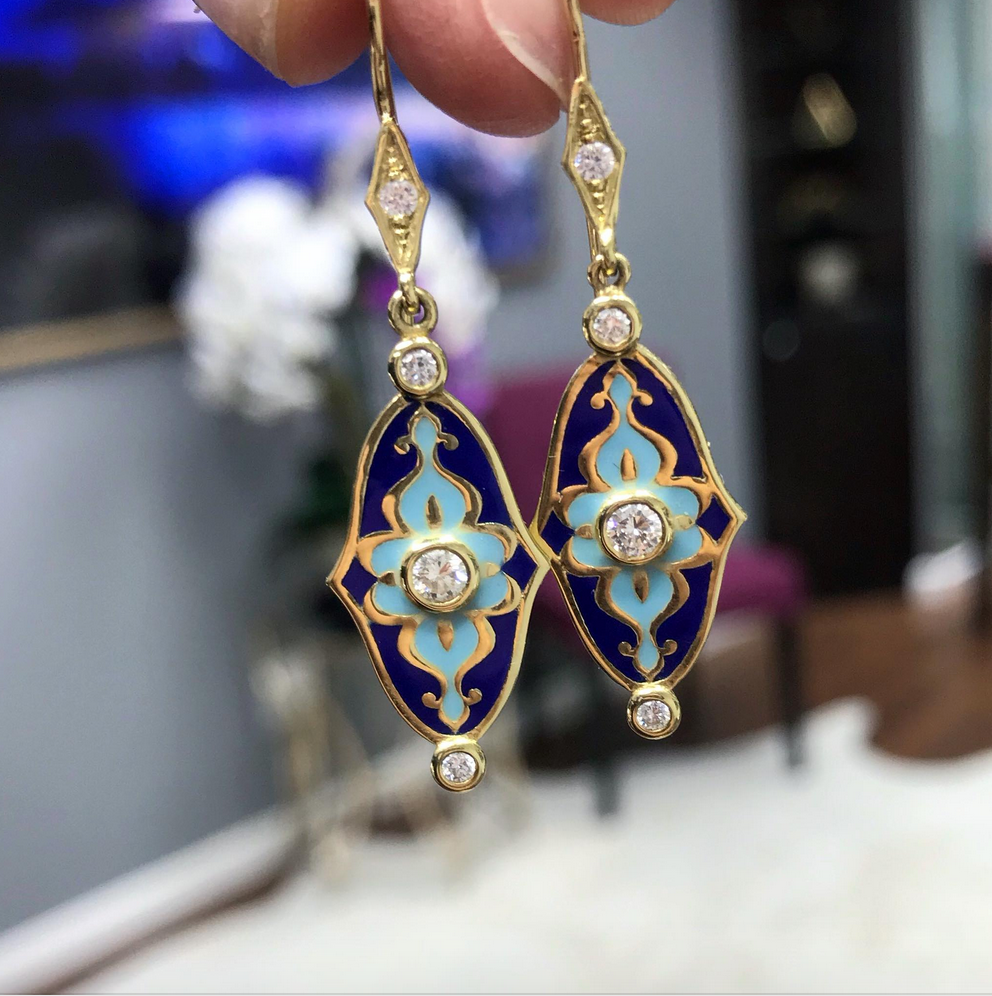 18k Yellow Gold and Blue Enamel Mosaic Earrings by Lord Jewelry - Talisman Collection Fine Jewelers