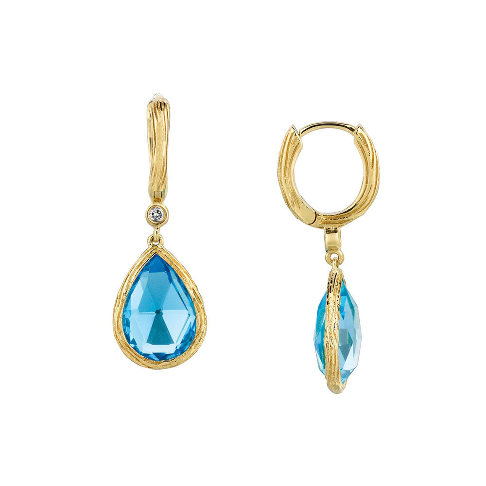 Blue Topaz and Diamond Drop Earrings in 14k Yellow Gold