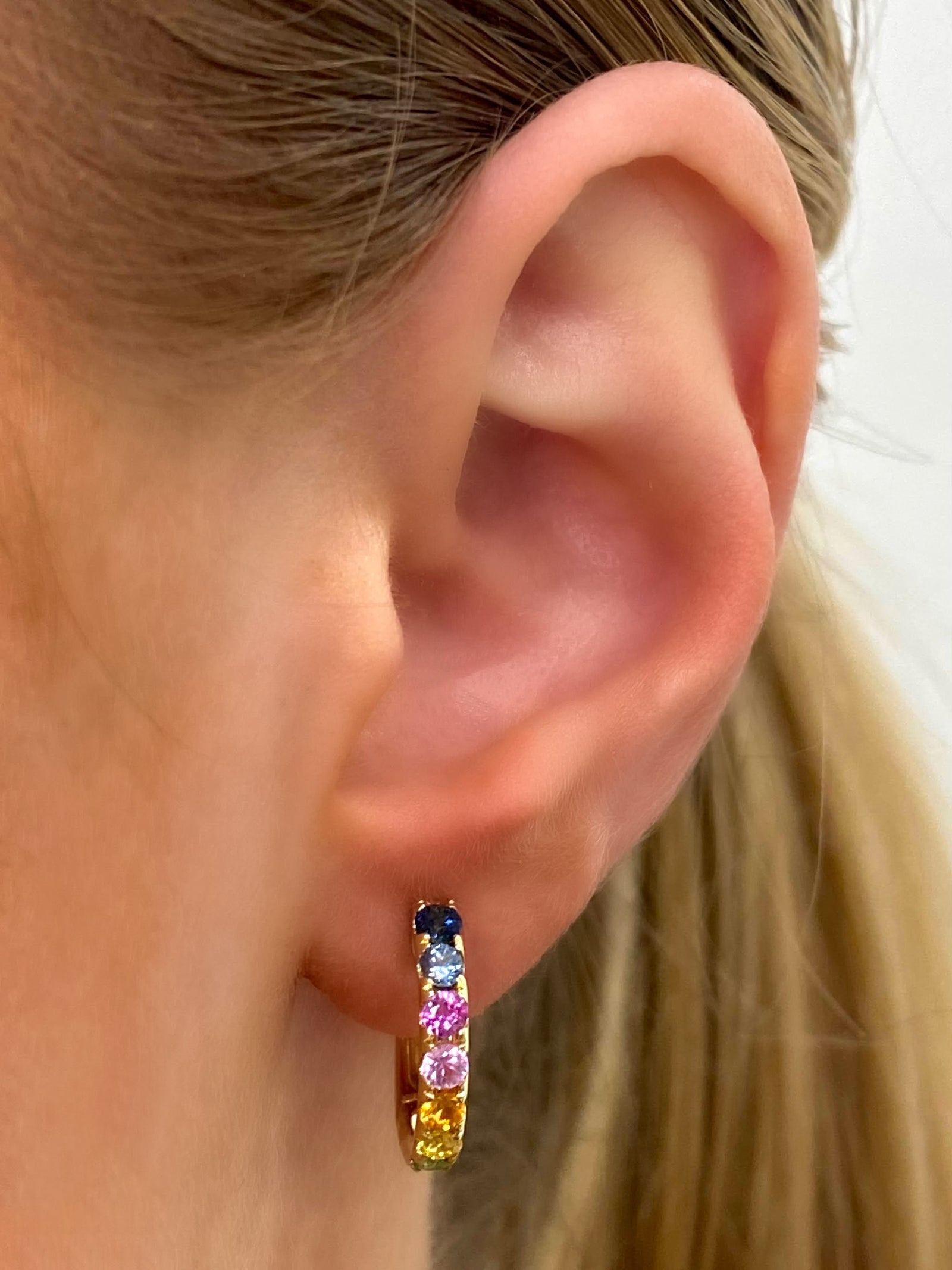 Fancy-Colored Sapphire Hoop Earrings in 14k Yellow Gold