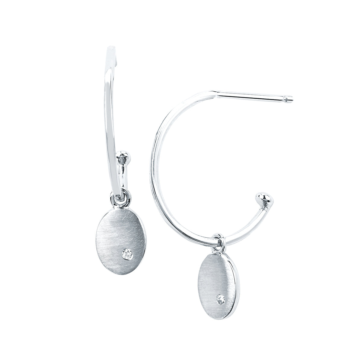 Sterling Silver Diamond Oval Satin Charm Hoop Earrings - Talisman Collection Fine Jewelers