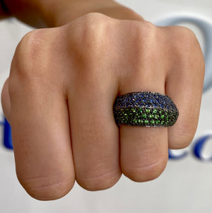 Blue Sapphire and Tsavorite Pavé Dome Ring by Gemma Couture