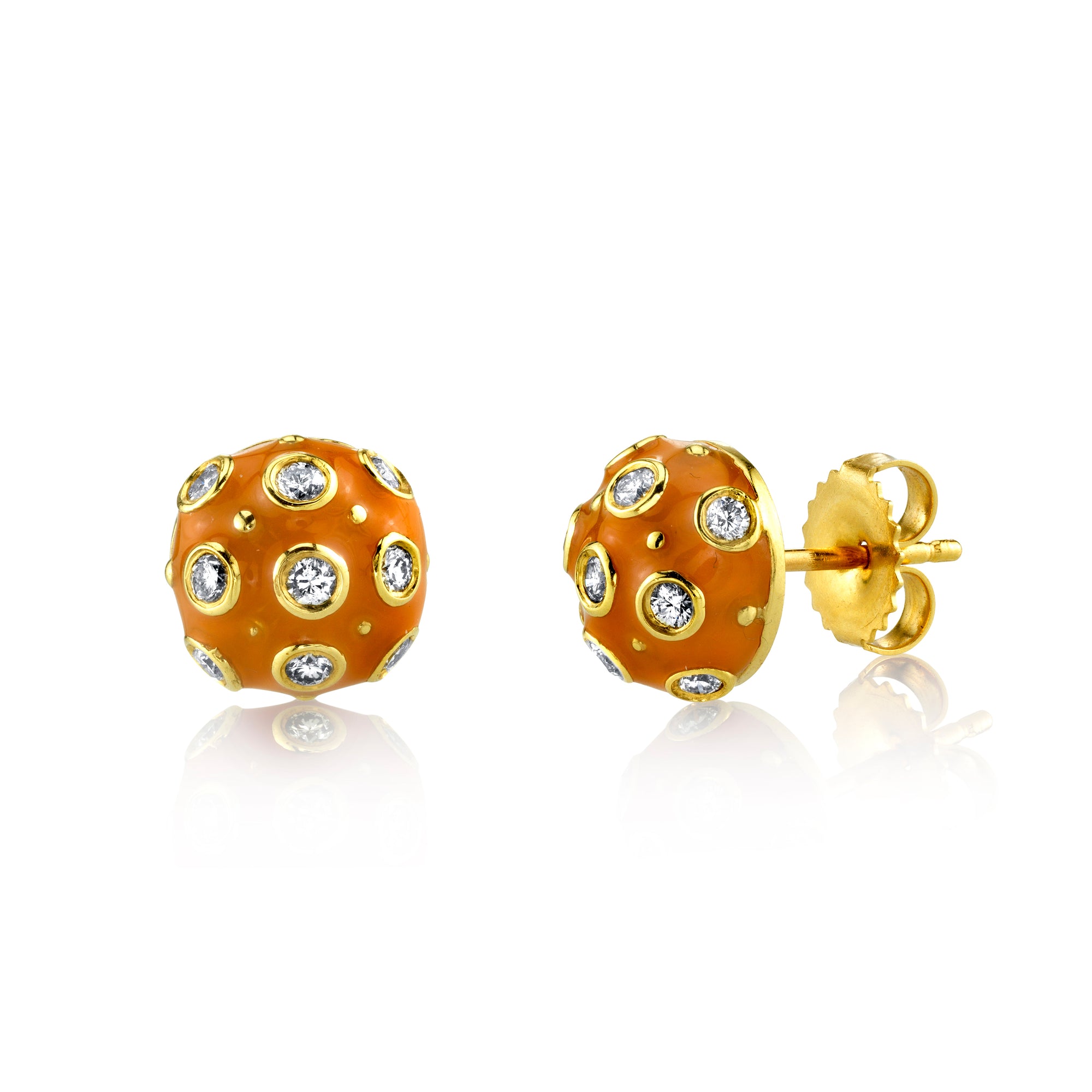 18k Yellow Gold, Orange Enamel and Diamond Stud Earrings by Lord Jewelry - Talisman Collection Fine Jewelers
