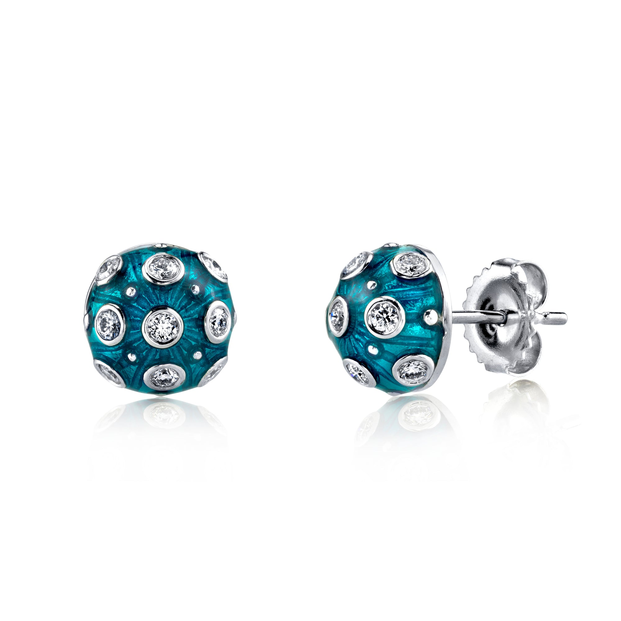 18k White Gold, Blue Enamel and Diamond Stud Earrings by Lord Jewelry - Talisman Collection Fine Jewelers
