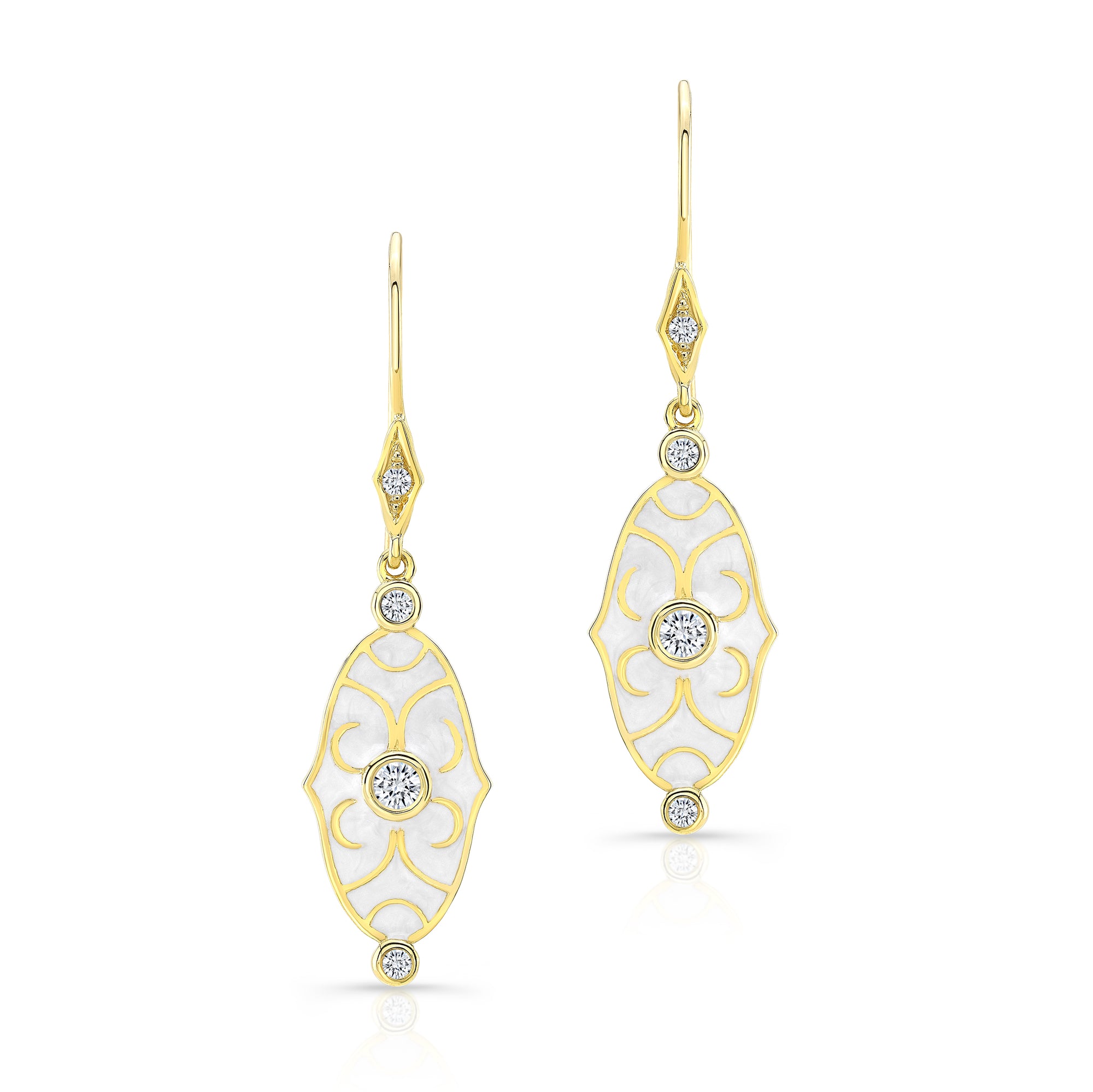 18k Yellow Gold and White Enamel Scroll Earrings by Lord Jewelry - Talisman Collection Fine Jewelers