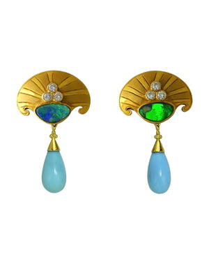 Boulder Opal Earrings with Sleeping Beauty Turquoise Drops by Paula Crevoshay - Talisman Collection Fine Jewelers