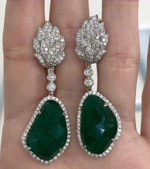 Emerald and Diamond Leaf Motif Earrings by Yael