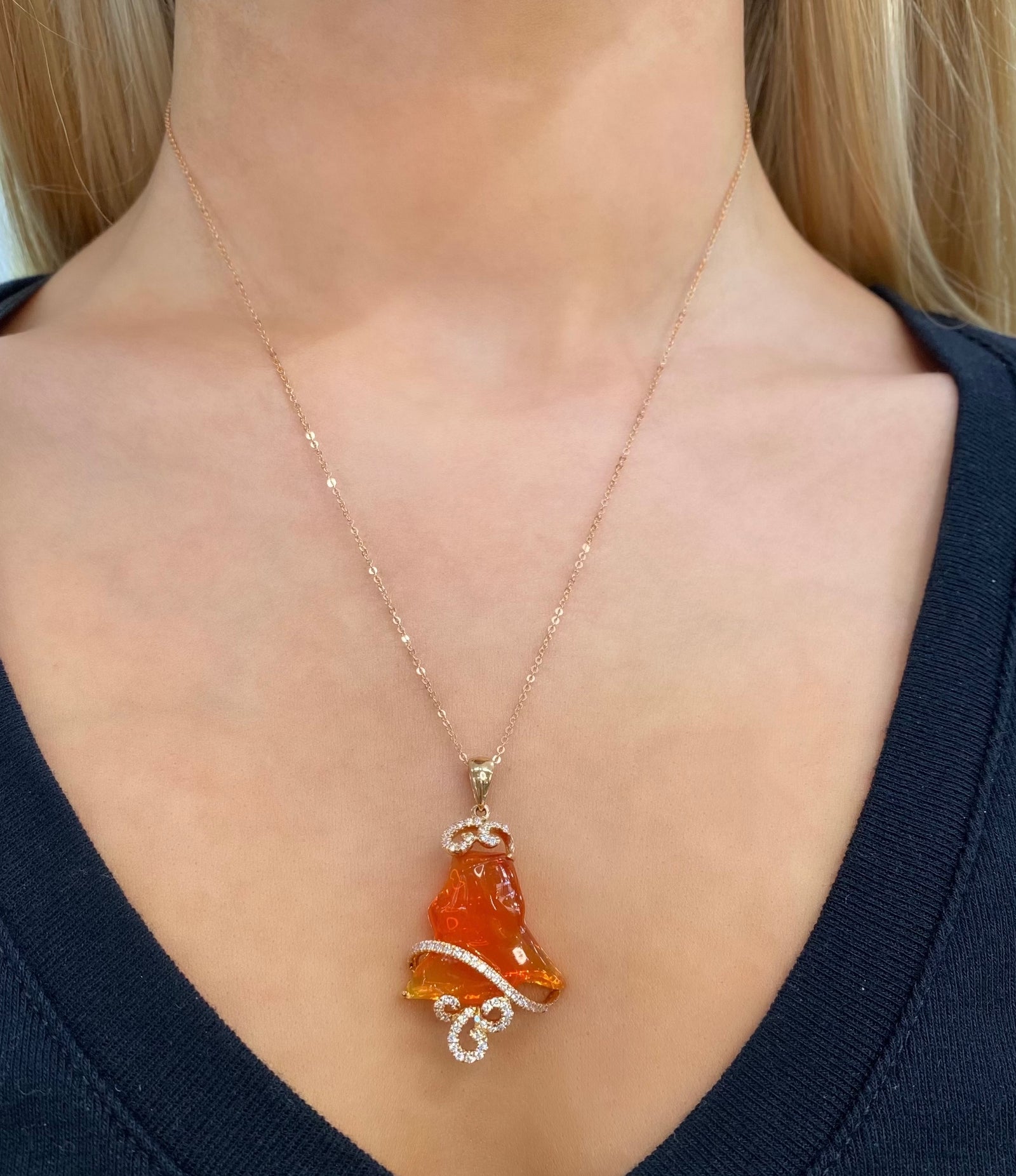 Fire Opal and Diamond Fauna Rose Gold Pendant by Yael