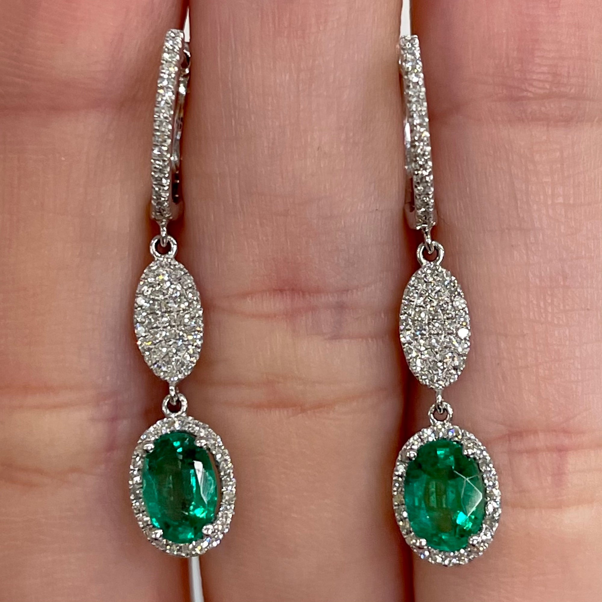 Emerald and Diamond, 14k White Gold Drop Earrings