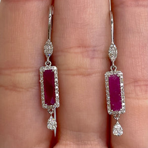 Ruby and Diamond, 14k White Gold Drop Earrings