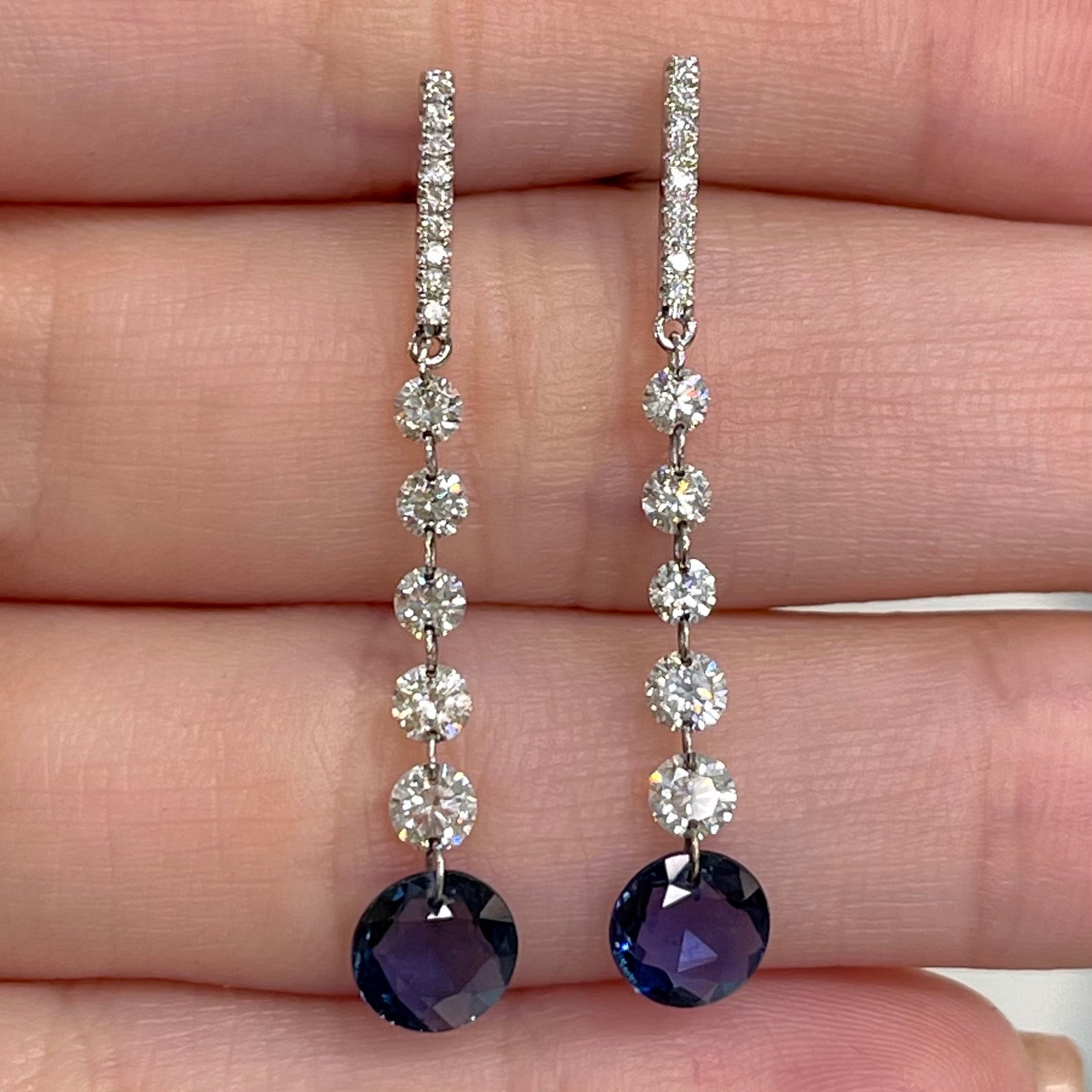 Sapphire and Diamond, 14k White Gold Drop Earrings