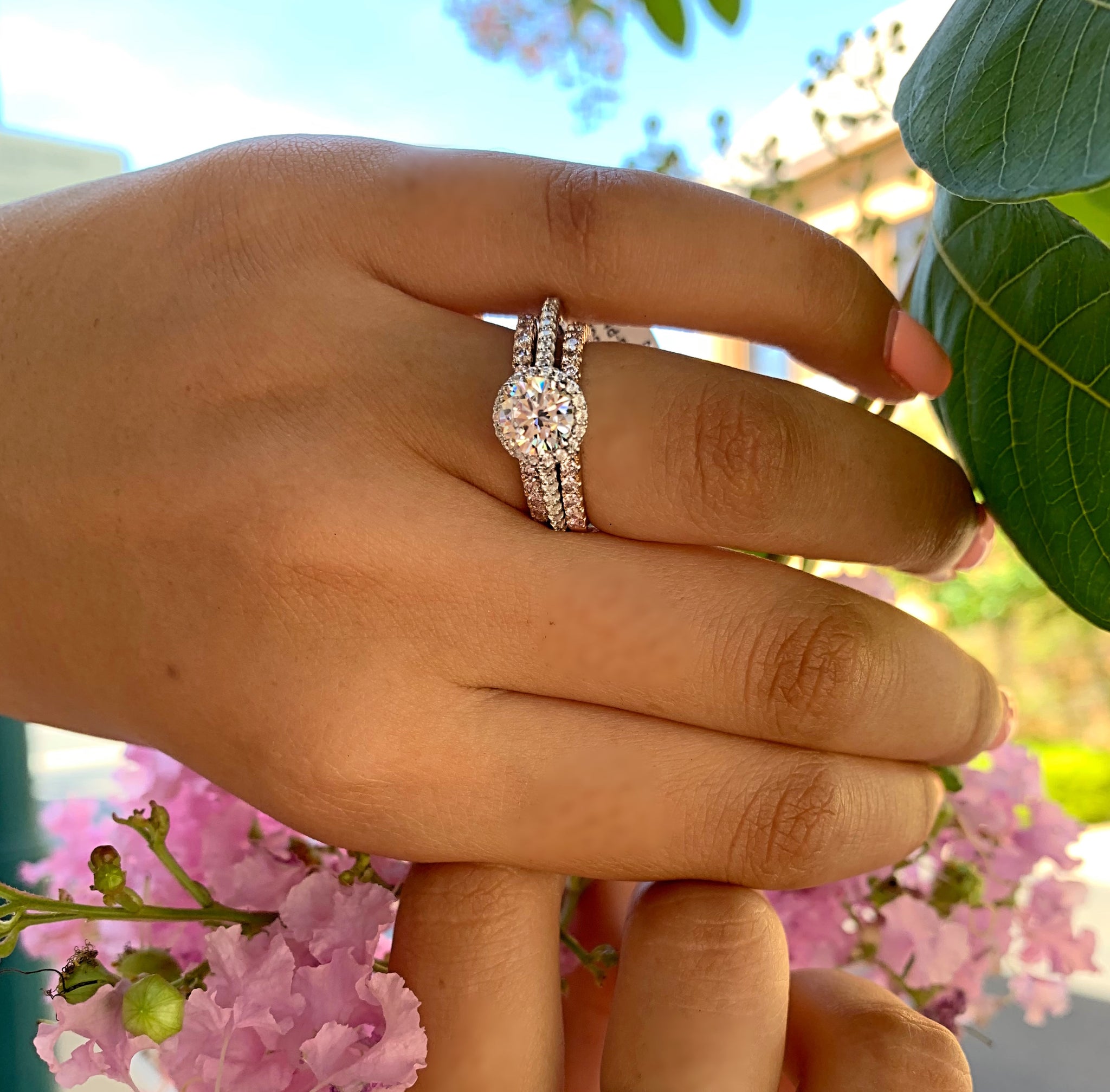 Two-Tone White and Rose Gold Diamond Halo Engagement Ring