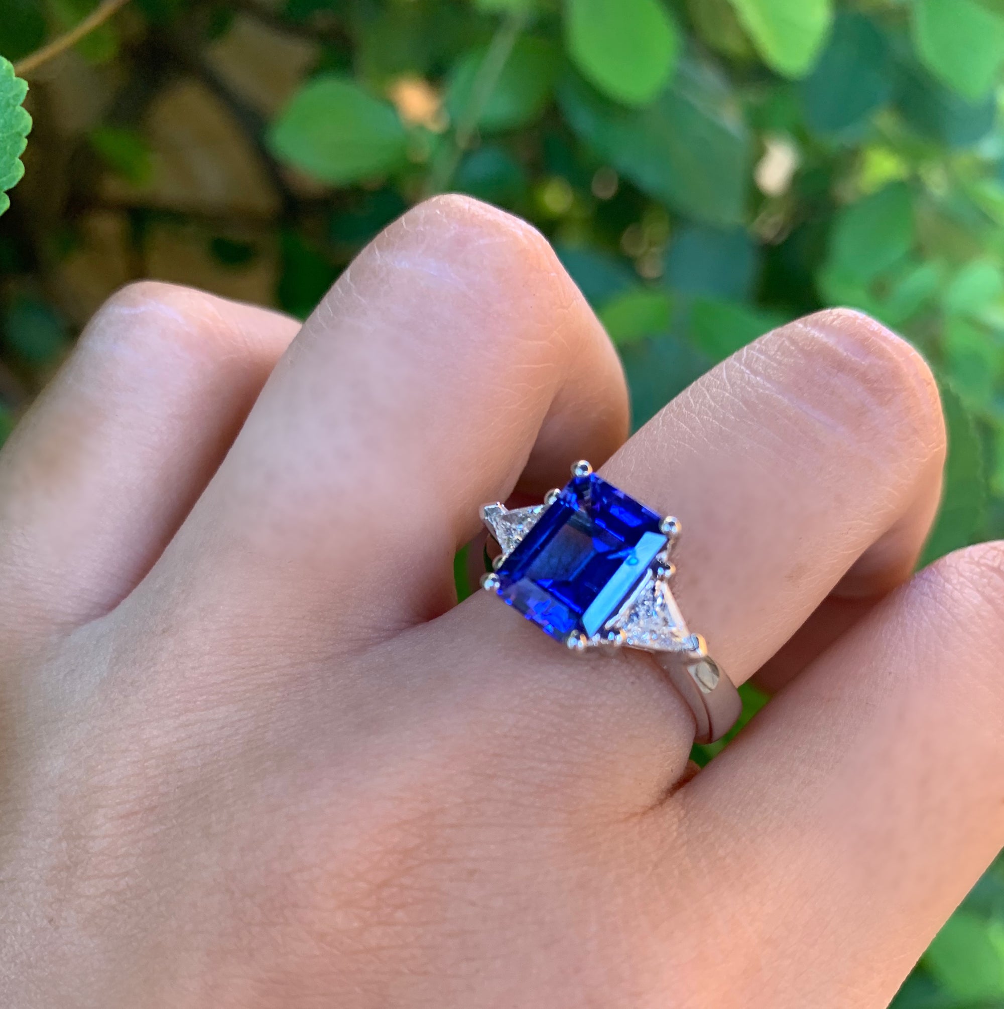 Emerald-Cut Tanzanite and Trillion Diamond Ring - Talisman Collection Fine Jewelers