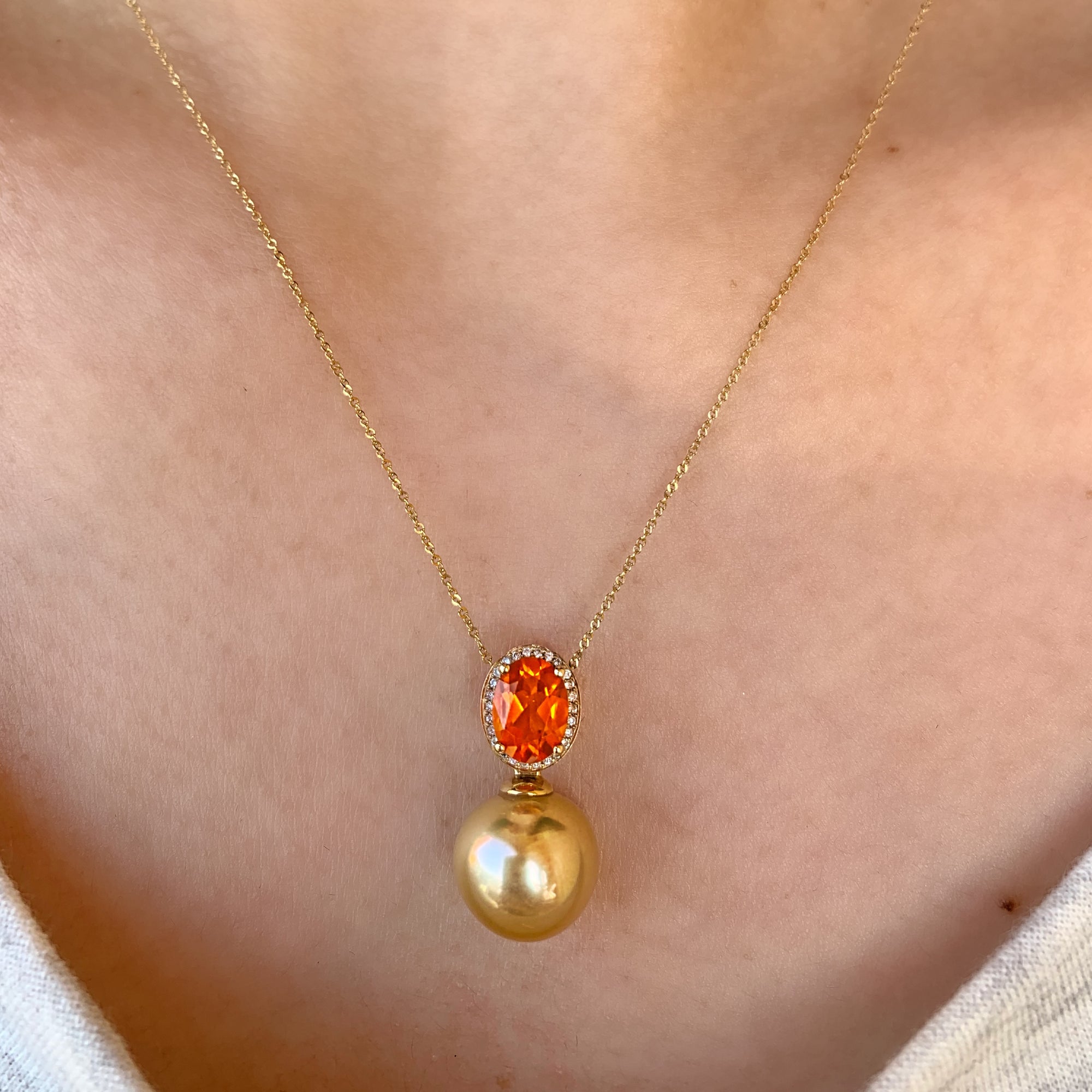 South Sea Pearl and Fire Opal Necklace in Yellow Gold - Talisman Collection Fine Jewelers