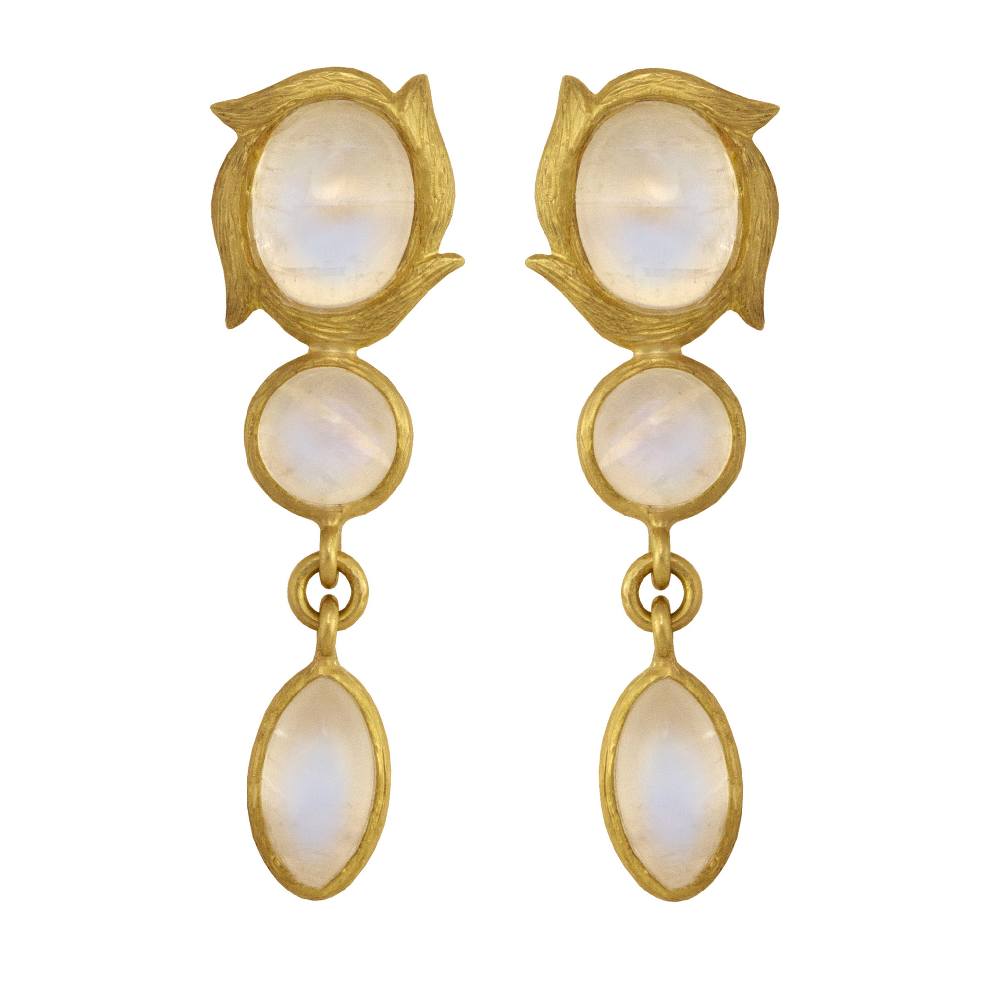  Rainbow Moonstone Vine Drop Earrings Laurie Kaiser available at Talisman Collection Fine Jewelers in El Dorado Hills, CA and online. Featuring three cabochon rainbow moonstones framed in 18k yellow gold, these earrings make a statement while maintaining a sleek and minimalistic design.