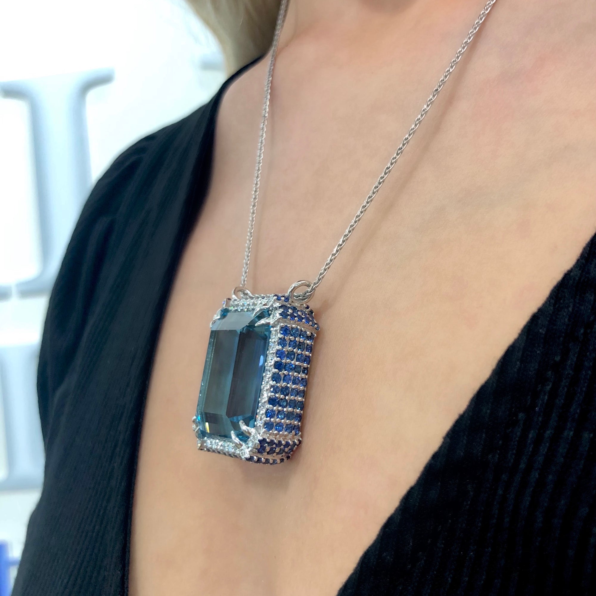 Aquamarine Pendant with Sapphires and Diamonds