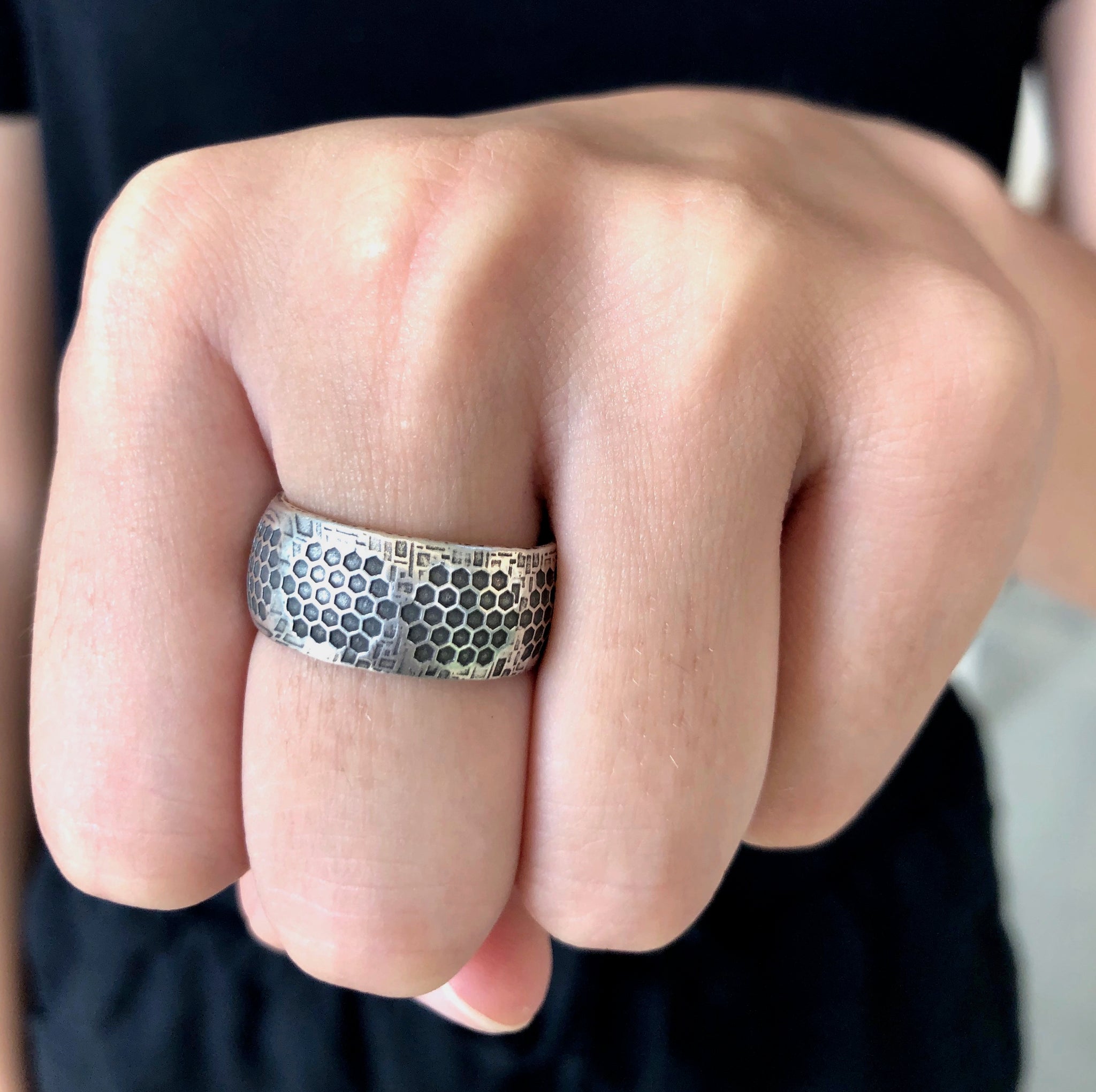 Honeycomb Hex Sterling Silver Mens Band by Geoff Thomas