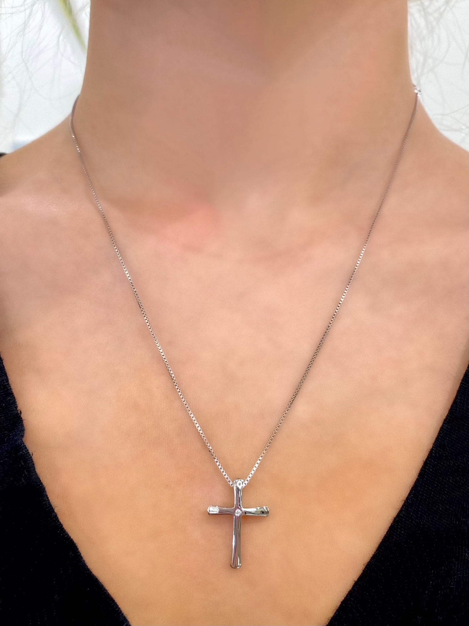 Single Diamond Cross Necklace in Sterling Silver