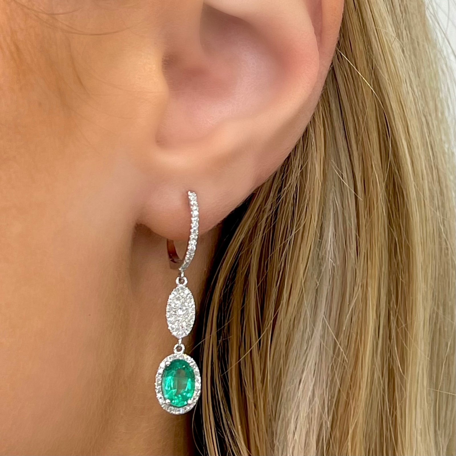 Emerald and Diamond, 14k White Gold Drop Earrings