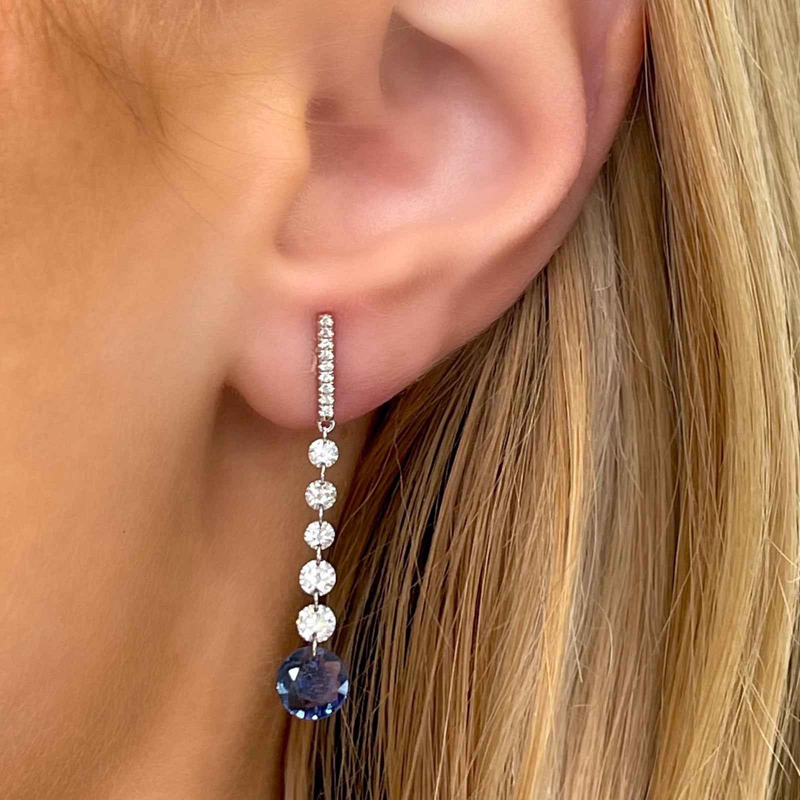 Sapphire and Diamond, 14k White Gold Drop Earrings
