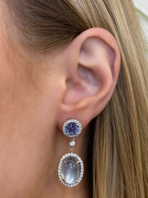 Moonstone and Blue Sapphire Drop Earrings by Yael