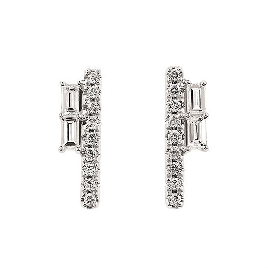 Baguette and Round Diamond Vertical Bar Earrings in White, Yellow or Rose Gold - Talisman Collection Fine Jewelers