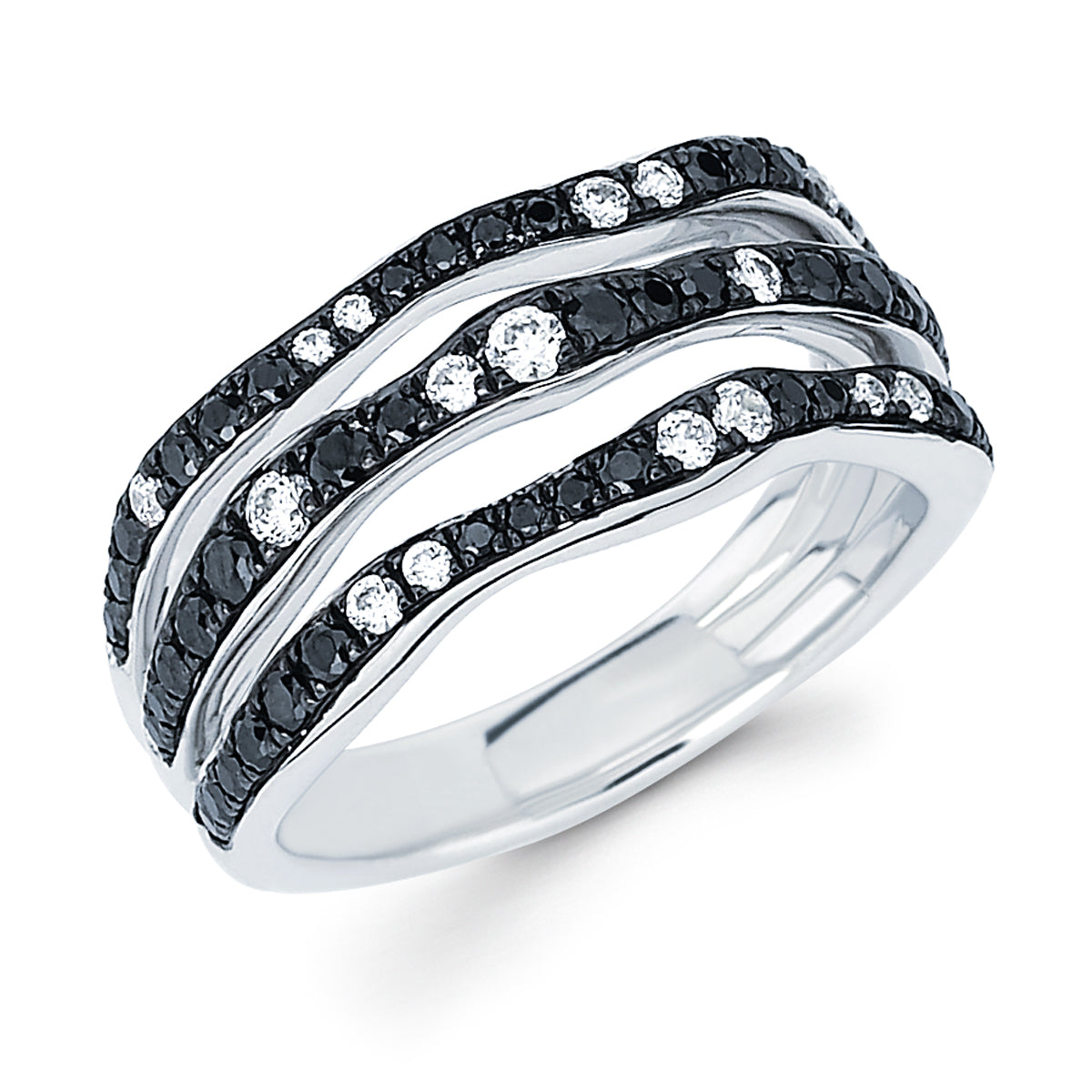 Black and White Diamond Three Row Ring - White Gold - Talisman Collection Fine Jewelers