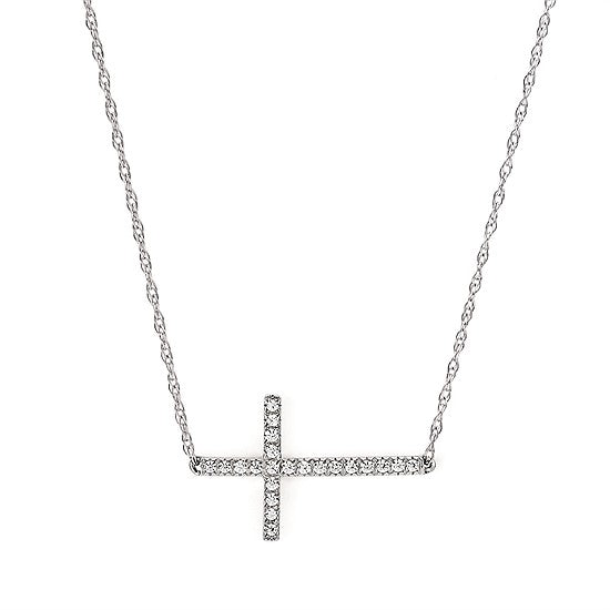Sideways Diamond Cross Necklace in White, Yellow or Rose Gold - Talisman Collection Fine Jewelers