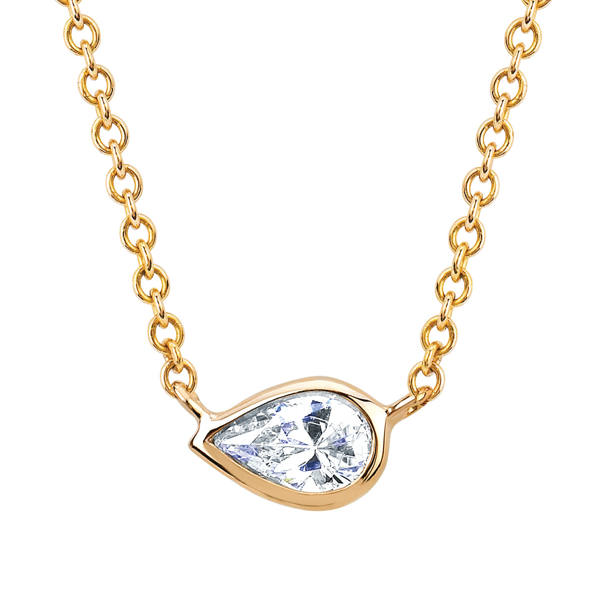 Diamond Necklace, Bezel Set Sideways Pear Shape in White, Yellow or Rose Gold - Talisman Collection Fine Jewelers