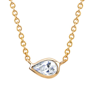 Diamond Necklace, Bezel Set Sideways Pear Shape in White, Yellow or Rose Gold - Talisman Collection Fine Jewelers